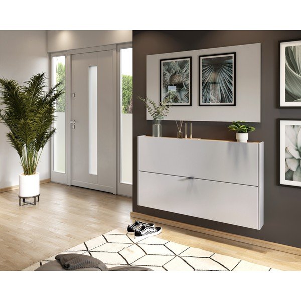 Scarpiera color crema con effetto rovere con ante ribaltabili/da parete 140x83x18 cm Ameca – Germania-image-1