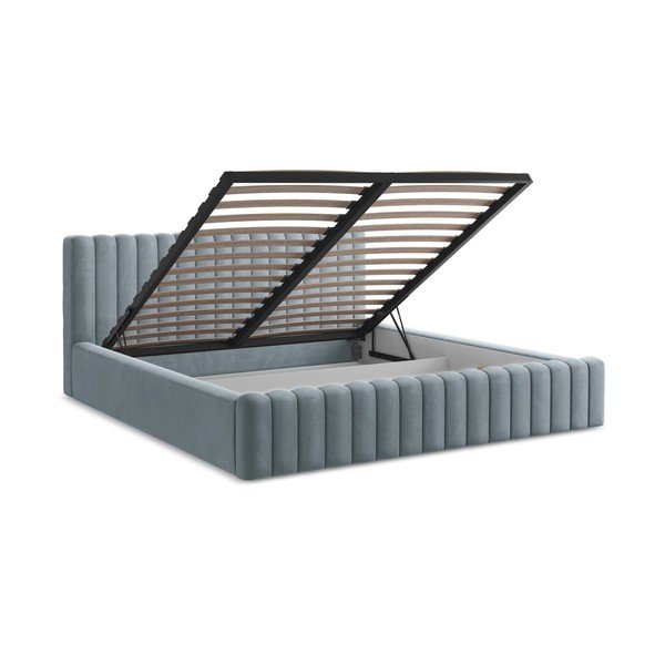 Letto matrimoniale imbottito azzurro con contenitore con rete inclusa 160x200 cm Lemi – Makamii-image-3