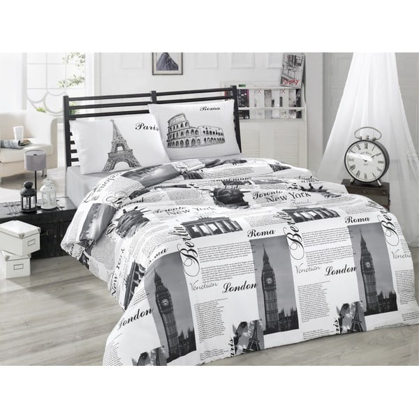 Biancheria da letto singola in cotone bianco e nero Renforcé 140x200 cm City - Mijolnir