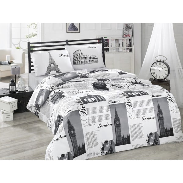 Biancheria da letto matrimoniale in cotone bianco e nero Renforcé 200x200 cm City - Mijolnir