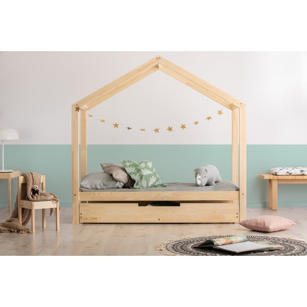 Letto da bambini a forma di casa/estraibile di colore naturale con contenitore con rete inclusa 120x200 cm RM – Adeko