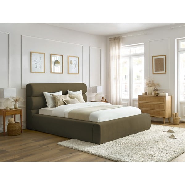 Letto matrimoniale imbottito verde scuro con contenitore con griglia 160x200 cm Jagna - Bobochic Paris-image-1