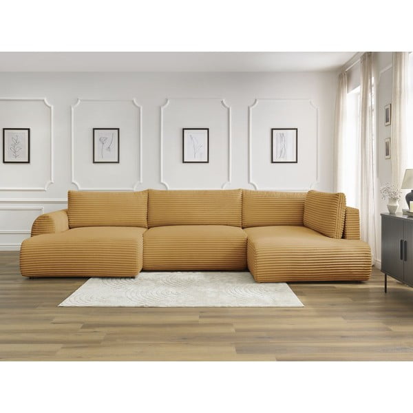 Divano angolare color senape allungabile/con contenitore (con penisola a destra/a U) con rivestimento in velluto a coste Lucien – Bobochic Paris-image-1