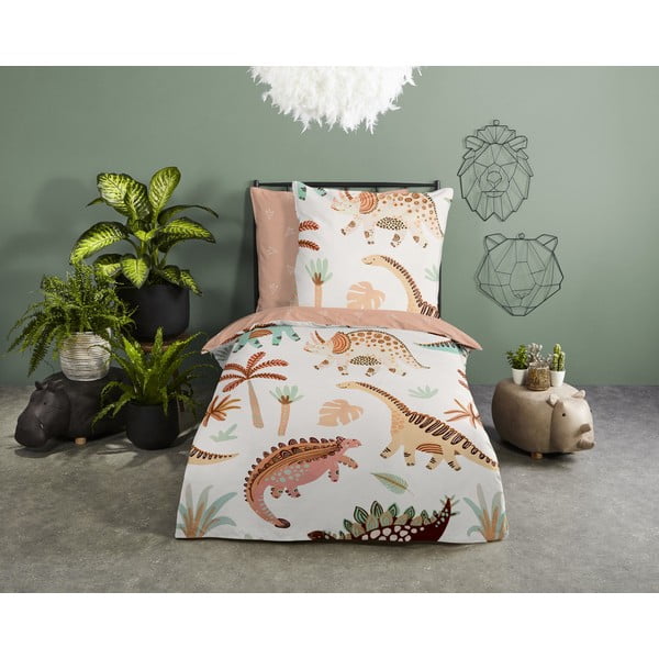 Set copripiumino e federa da bambini marrone/beige in cotone per letto singolo 140x200 cm Dino – Good Morning-image-1