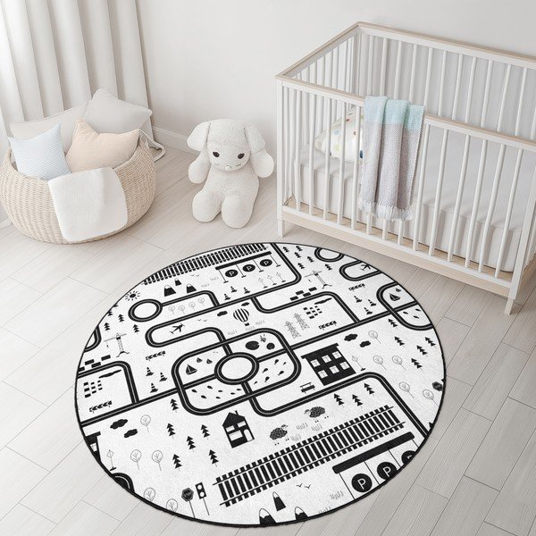 Tappeto da gioco per bambini bianco e nero lavabile ø150 cm In My Town – Mila Home-image-3