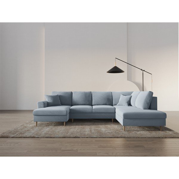 Divano angolare azzurro allungabile e con contenitore (con penisola a destra/a U) con rivestimento in velluto Kyoto – Cosmopolitan Design-image-2