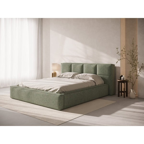 Letto matrimoniale imbottito verde con contenitore e rete inclusi 140x200 cm Simon – Micadoni -image-1