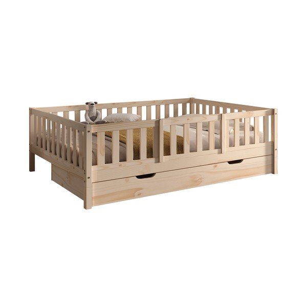 Letto da bambini estraibile di colore naturale in pino massiccio con contenitore con rete inclusa 140x200 cm Dallas – Vipack