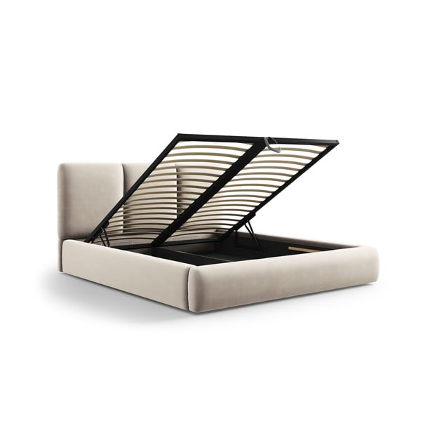 Letto matrimoniale imbottito color crema in velluto con contenitore con rete inclusa 200x200 cm Brody – Mazzini Beds-image-3