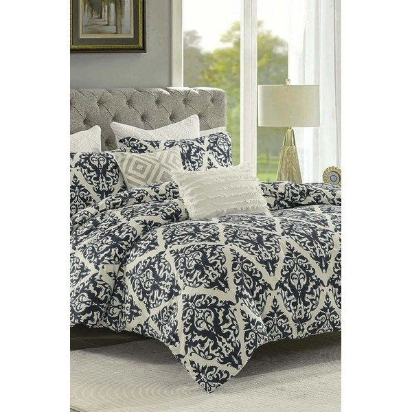 Copripiumino matrimoniale esteso in 4 pezzi nero-beige con lenzuolo in cotone Renforcé 200x220 cm Damask - Mila Home-image-1