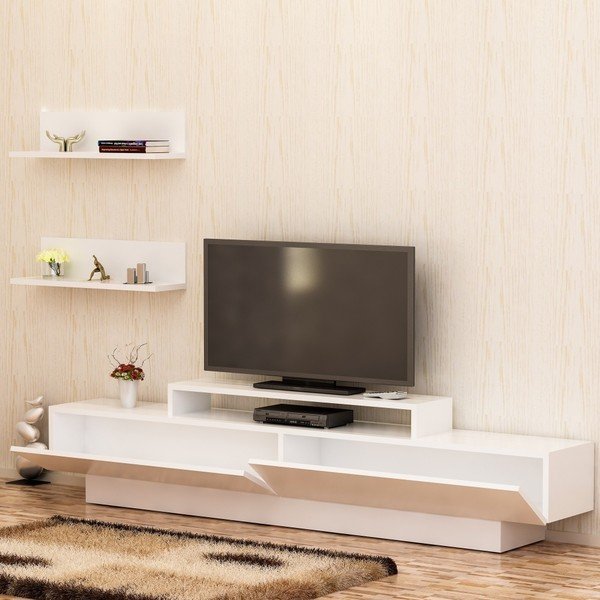 Set di tavolo TV bianco e 2 mensole a muro TV Bianco Lucca - Zena Home-image-3