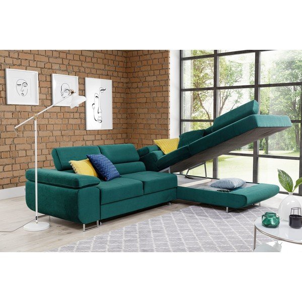 Divano angolare verde allungabile/con contenitore (con penisola a destra/a L) e rivestimento in velluto Anton – ELTAP-image-3