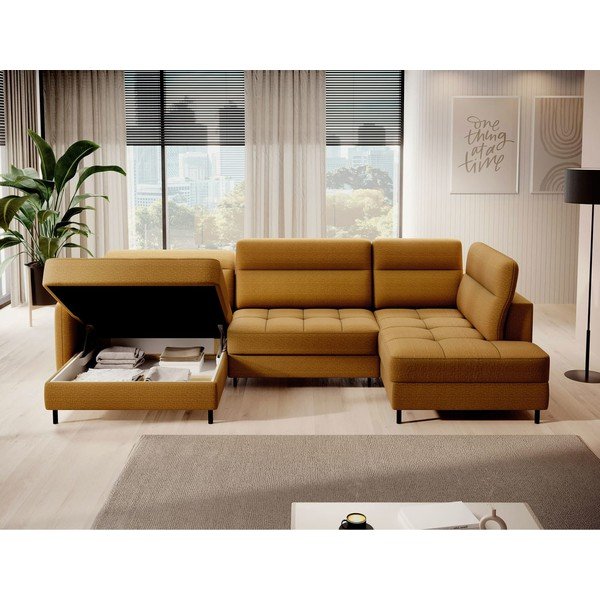 Divano angolare giallo allungabile/con contenitore (con penisola a destra/a U) e rivestimento in velluto Berrto – ELTAP-image-3