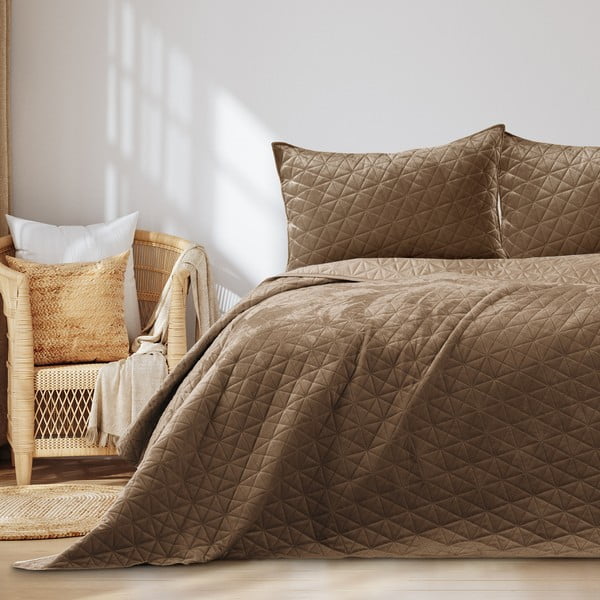 Copriletto marrone chiaro in velluto con rivestimento trapuntato 240x260 cm Laila – Restilo-image-1