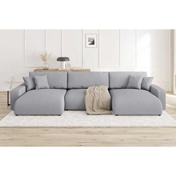 Divano angolare grigio chiaro allungabile/con contenitore (a U) con rivestimento in velluto a coste Sara – Ropez-image-1