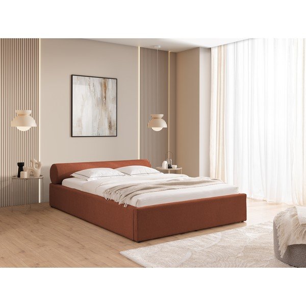 Letto matrimoniale imbottito color terracotta con contenitore con rete inclusa 180x200 cm Cille – Ropez-image-1
