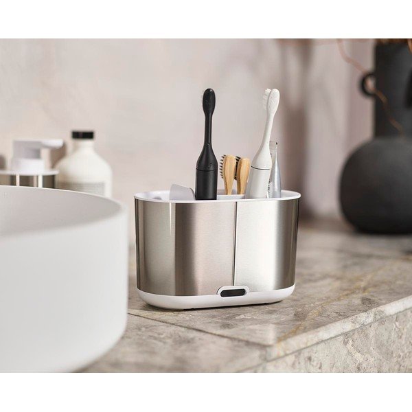 Portaspazzolino verticale argentato in acciaio inox Duo Steel – Joseph Joseph-image-1