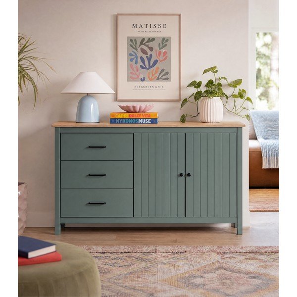 Cassettiera bassa in legno di pino di colore verde-naturale 150x80 cm Miranda - Marckeric-image-3
