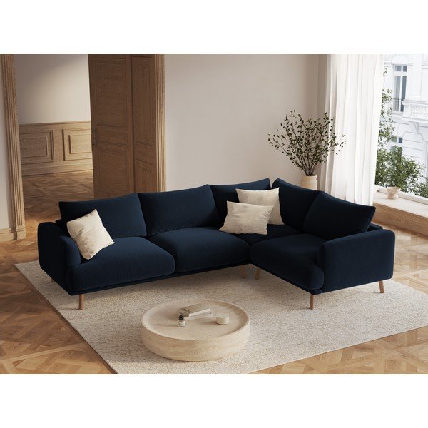 Divano angolare blu scuro (con penisola a destra/a L) con rivestimento in velluto Naomi – Micadoni -image-1
