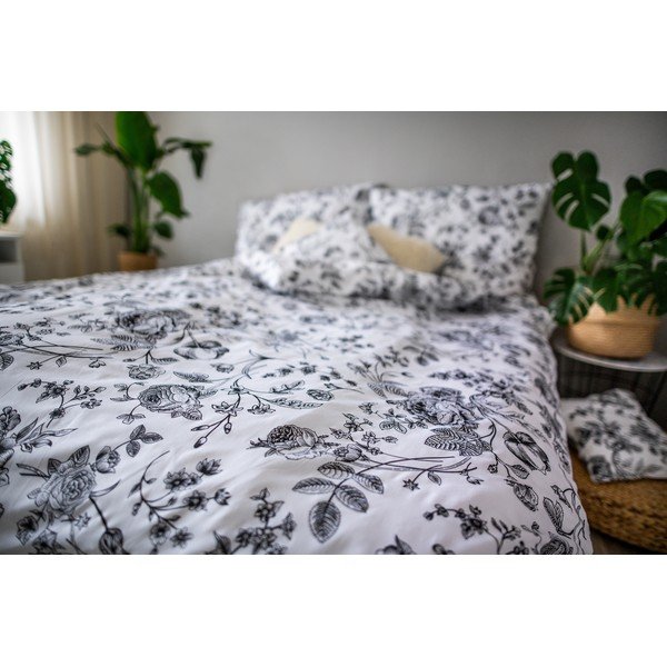 Biancheria da letto in cotone sateen bianco e nero Fiore, 140 x 200 cm Ema - Cotton House-image-2
