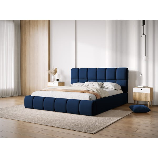 Letto matrimoniale imbottito in blu scuro in velluto con contenitore con rete inclusa 160x200 cm Bellis – Micadoni -image-1