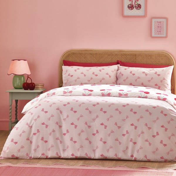 Set copripiumino e federa bianco e rosa per letto matrimoniale e per letto esteso 230x220 cm Cherries and Bows – Catherine Lansfield-image-2