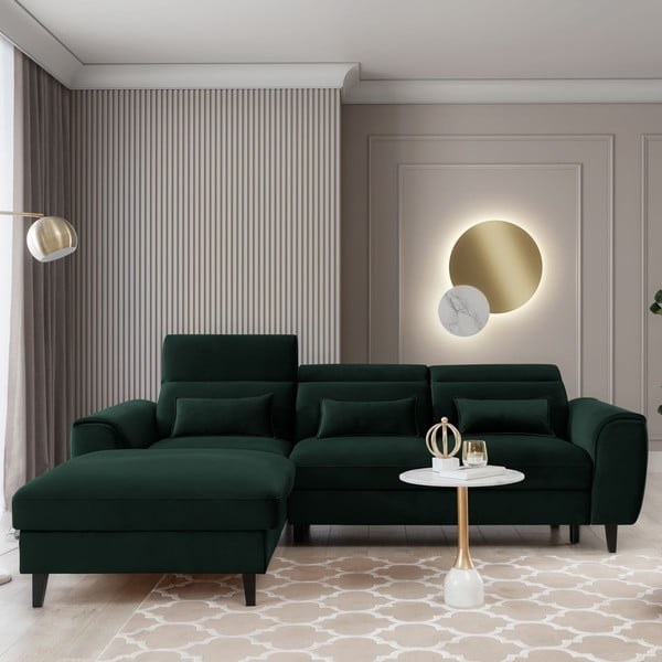 Divano angolare verde scuro allungabile/con contenitore (con penisola a sinistra/con chaise lounge) e rivestimento in velluto Foble – ELTAP-image-1