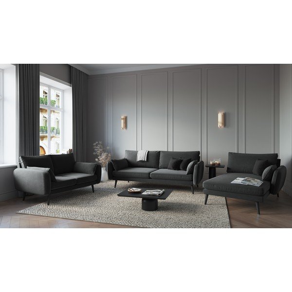 Poltrona lounge in velluto grigio scuro con gambe nere , angolo destro Lento - Kooko Home-image-1