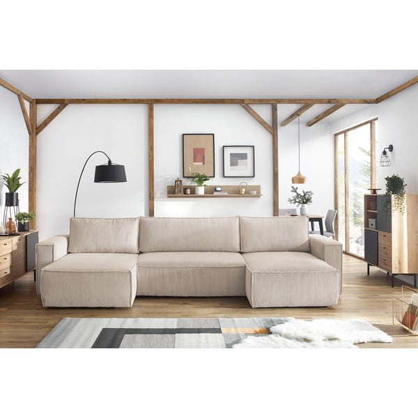 Divano letto angolare a "U" in velluto a coste beige Nihad - Bobochic Paris-image-1