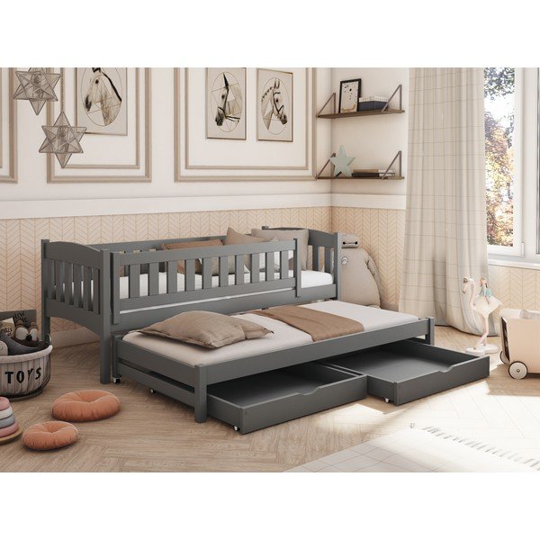 Letto per bambini in legno di pino grigio con letto estraibile e contenitore 80x180 cm Amelka - Lano Meble-image-1
