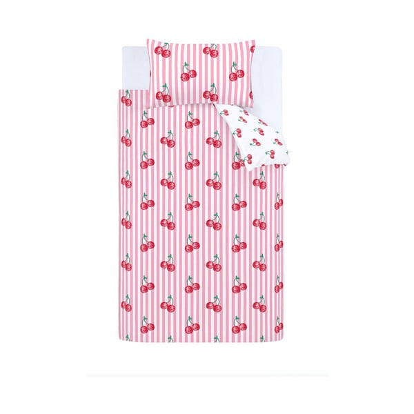 Set copripiumino e federa bianco e rosa per letto singolo 135x200 cm Disco Cherries Stripes – Catherine Lansfield