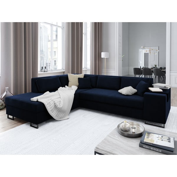Divano letto angolare in velluto blu, angolo sinistro York - Cosmopolitan Design-image-1