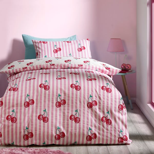 Set copripiumino e federa bianco e rosa per letto singolo 135x200 cm Disco Cherries Stripes – Catherine Lansfield-image-1