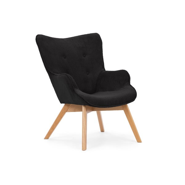 Poltrona con poggiapiedi nera con rivestimento in velluto a coste Niko – Ropez-image-4