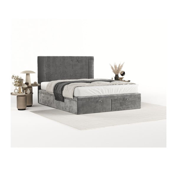 Letto matrimoniale imbottito grigio con spazio contenitivo 200x200 cm Mavel - Maison de Rêve-image-2