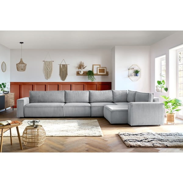 Divano angolare in velluto a coste grigio chiaro, angolo destro Nihad modular - Bobochic Paris-image-1