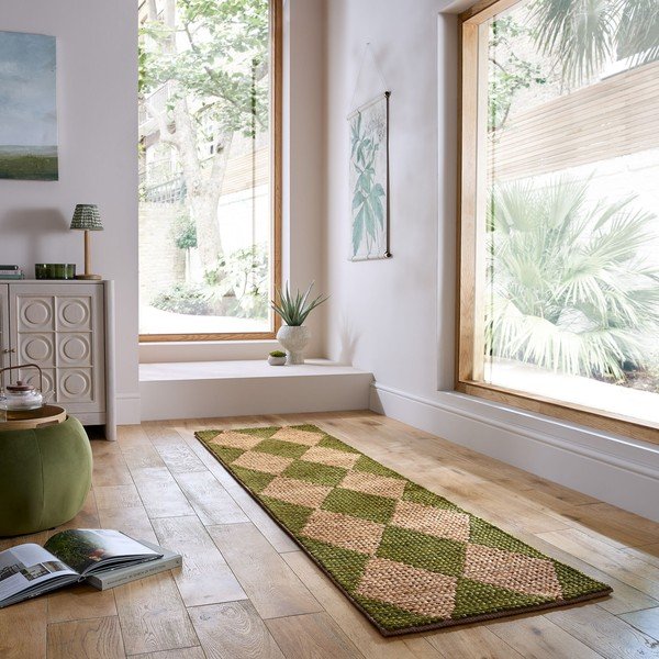 Passatoia verde/di colore naturale in misto iuta tessuta a mano 80x230 cm Effie Diamond – Flair Rugs-image-1