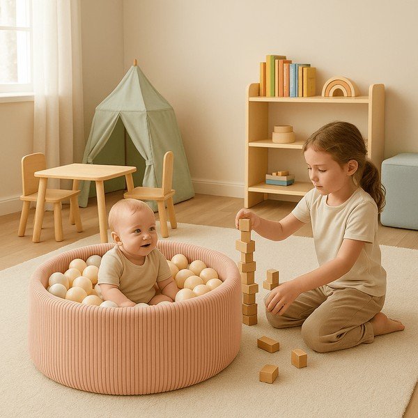 Piscina di palline rosa in velluto a coste ø 90x30 cm Montessori – Meowbaby-image-1