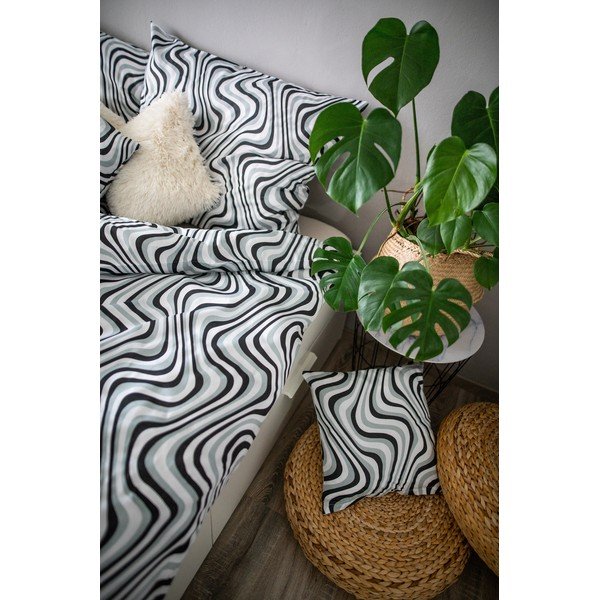 Biancheria da letto in cotone sateen bianco e nero Waves, 140 x 200 cm Ema - Cotton House-image-1