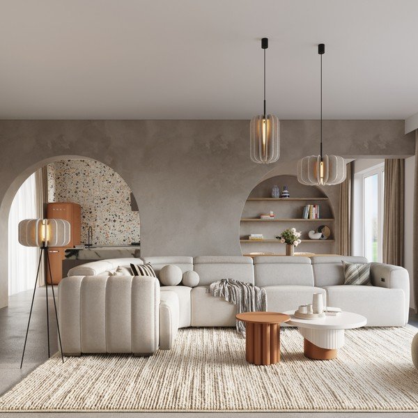 Lampadario beige in metallo con paralume in tessuto ø 45 cm Elom – Sollux-image-3