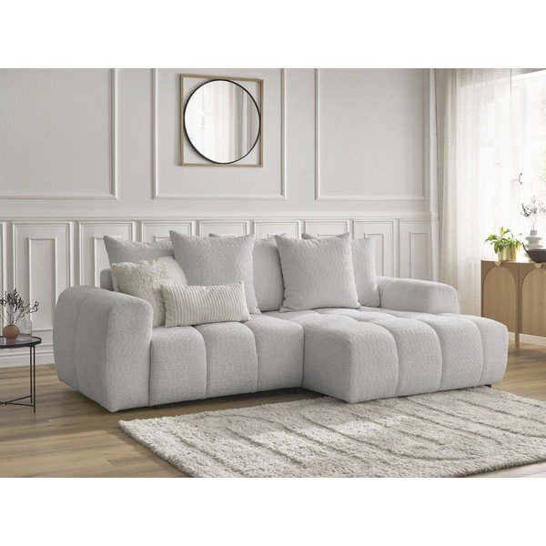 Divano angolare grigio chiaro allungabile/con contenitore (con penisola a destra/con chaise lounge) con rivestimento in bouclé Roxelane – Bobochic Paris-image-4