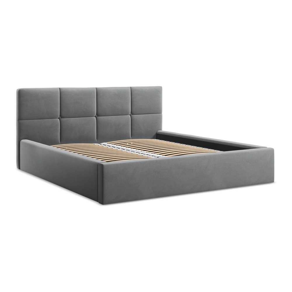 Letto matrimoniale imbottito grigio scuro in velluto con contenitore con rete inclusa 140x200 cm Hiko – Makamii | Letti matrimoniali