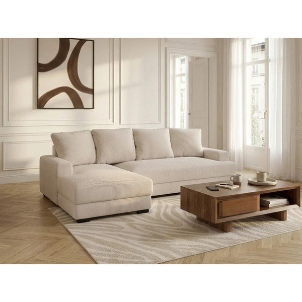 Divano angolare beige allungabile/con contenitore (con penisola a sinistra/con chaise lounge) con rivestimento in velluto a coste Campi – Bobochic Paris-image-4