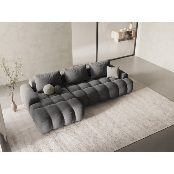 Divano angolare grigio allungabile/con contenitore (con penisola a sinistra/con chaise lounge) con rivestimento in velluto Linz – Cosmopolitan Design-image-1