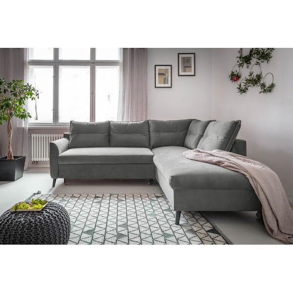 Divano letto angolare in velluto grigio chiaro L, angolo destro Stylish Stan - Miuform-image-1