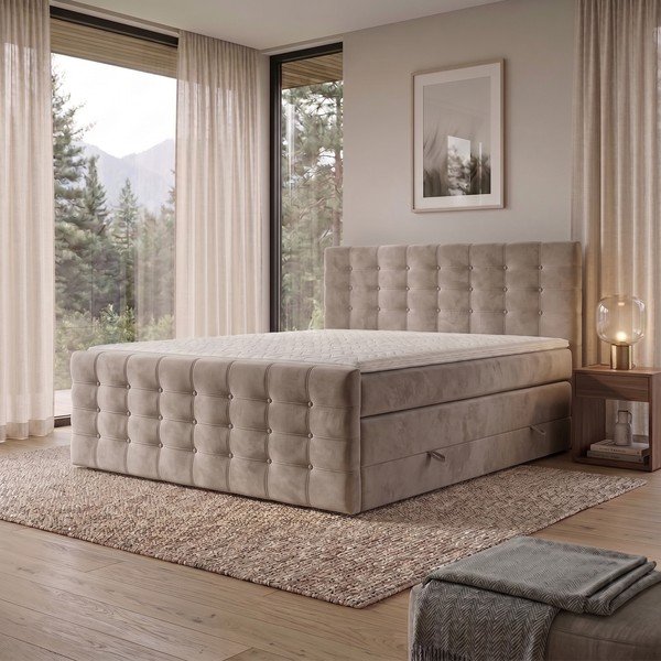 Letto boxspring beige con contenitore 200x200 cm Blend – Maison de Rêve-image-1