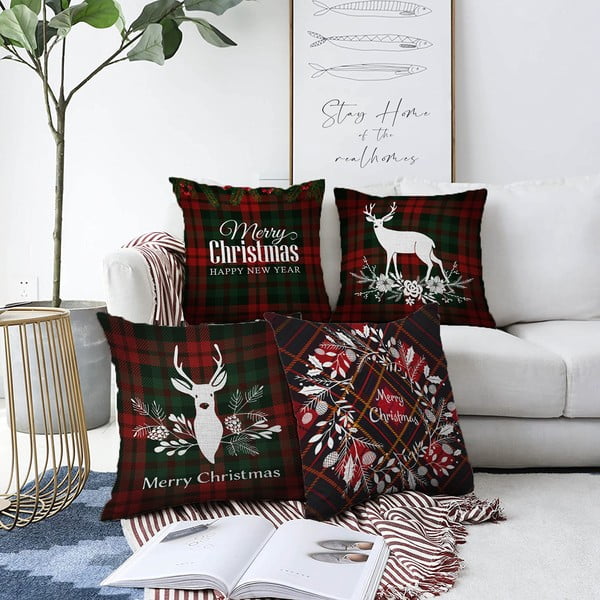 Set di 4 federe natalizie in ciniglia Tartan Merry Christmas, 55 x 55 cm - Minimalist Cushion Covers