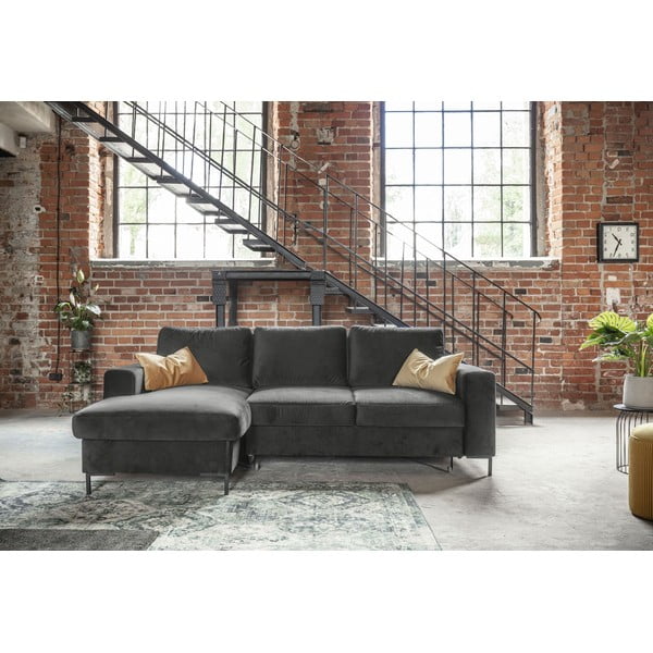 Divano letto angolare in velluto grigio scuro, angolo sinistro Lofty Lilly - Miuform-image-1