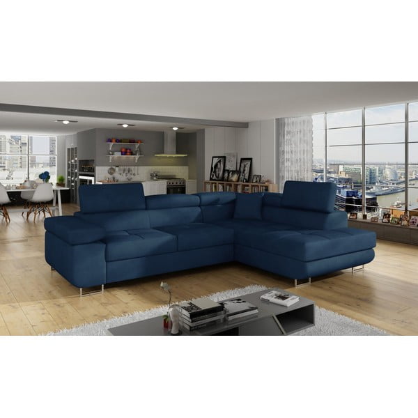 Divano angolare blu allungabile/con contenitore (con penisola a destra/a L) e rivestimento in velluto Anton – ELTAP-image-3