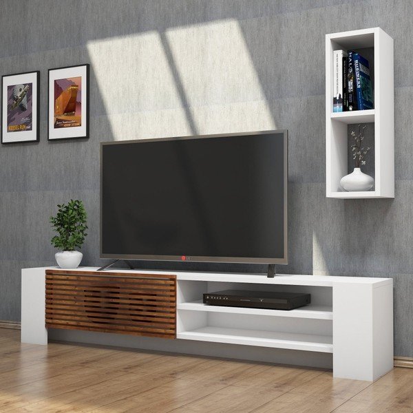 Tavolo TV e mensola a muro bianchi con dettagli in legno di noce Muzzo Pina - Puqa Design-image-4
